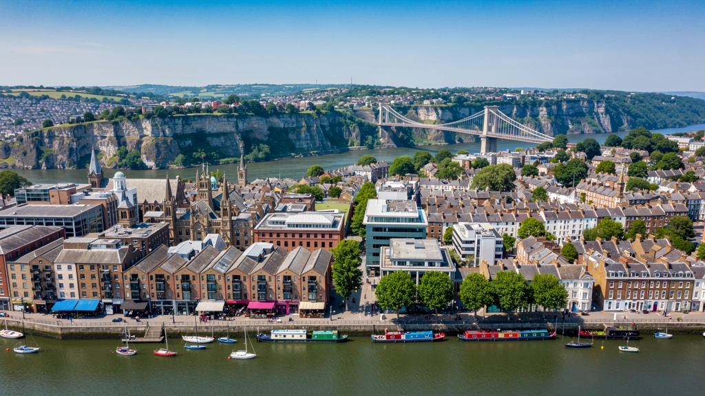 Aerial drone view of Bristol city centre showing the Harbourside and Clifton area