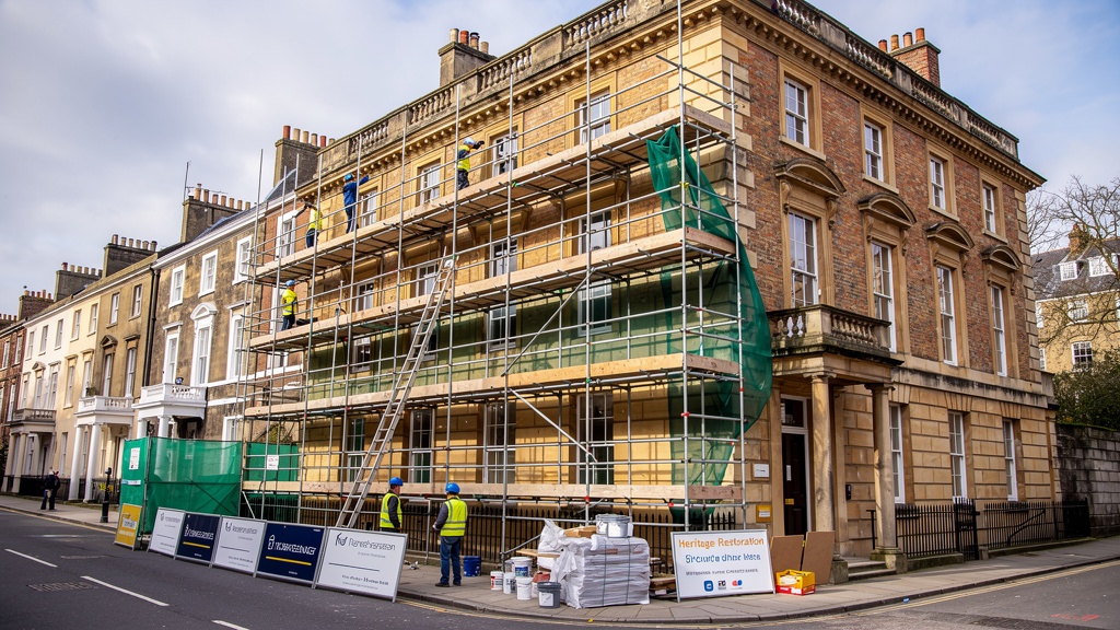 Georgian period property in Clifton Bristol being renovated with scaffolding