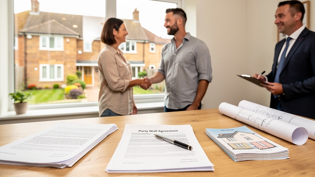 Party wall agreement document on a desk with two neighbours and a surveyor