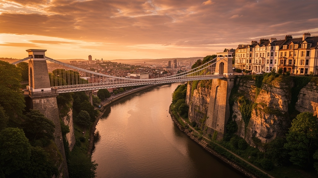 Bristol skyline with Clifton Suspension Bridge at golden hour — Bristol property market 2025