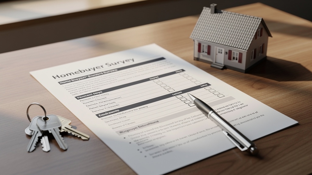 Homebuyer survey report on a desk with house keys - Level 2 vs Level 3 survey guide