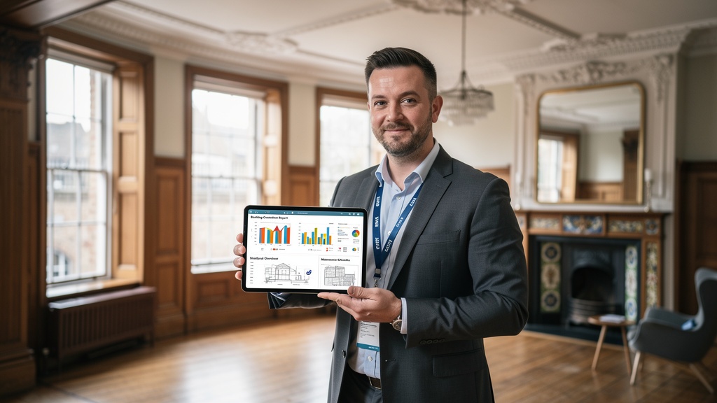 Professional surveyor using a digital tablet to present a detailed building condition report with moisture survey data inside a period Bristol property