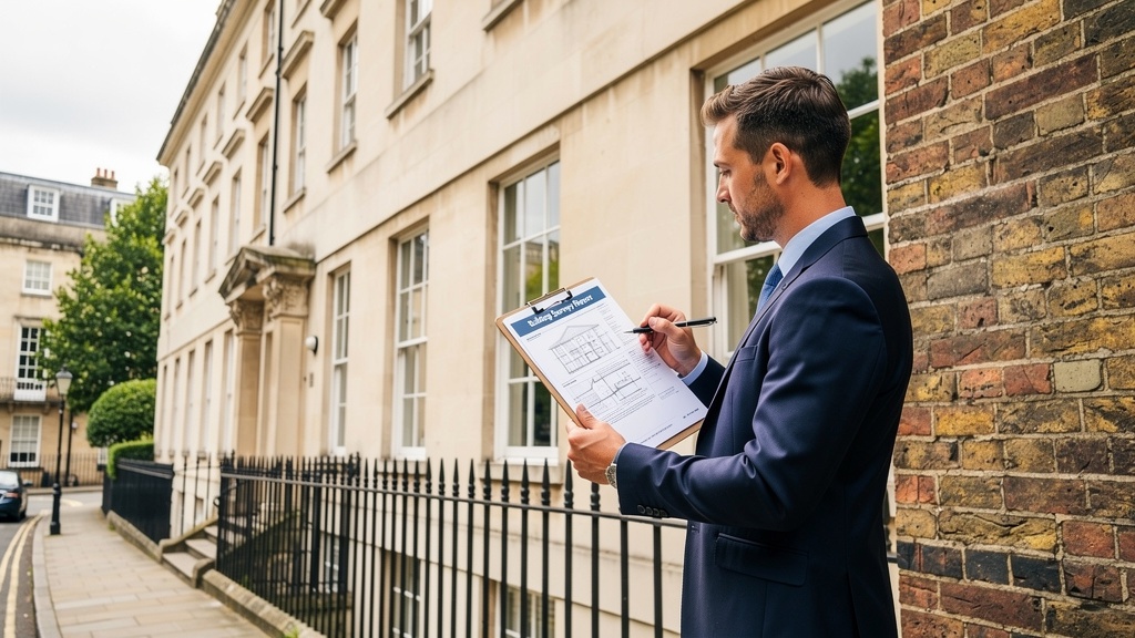 Professional RICS surveyor inspecting a Georgian Bristol townhouse